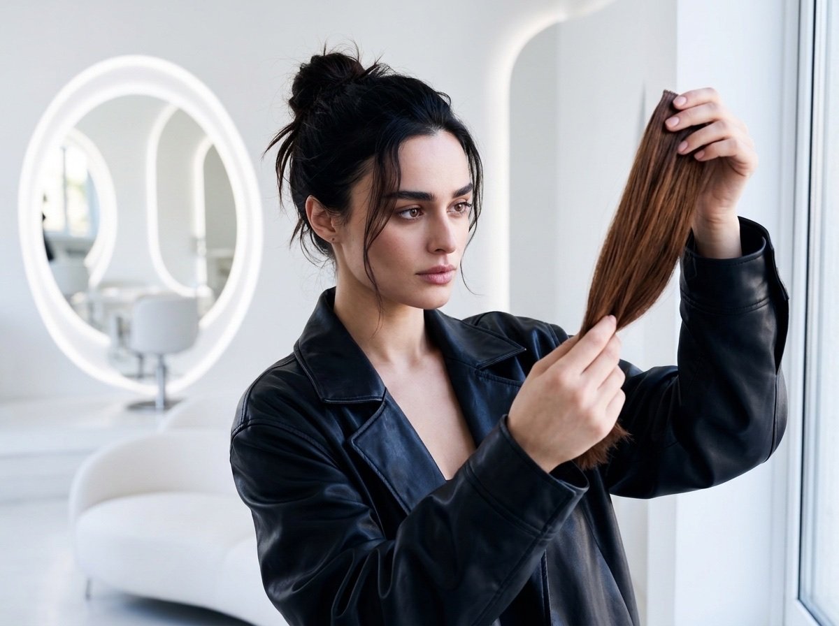 Estilista examinando un mechón de cabello a contraluz en un salón blanco
