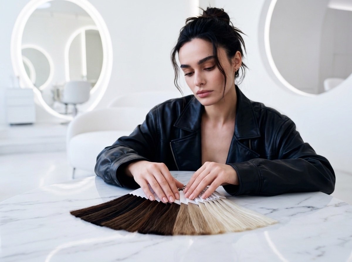 Colorista desplegando en abanico muestras de cabello del castano oscuro al rubio