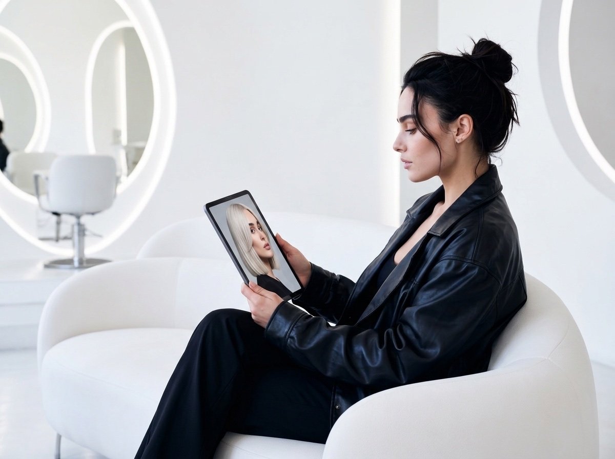 Clienta viendo en una tablet su retrato con el cabello rubio